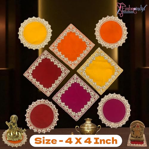 Image of Velvet Pooja Aasan for God Idol | Decorative Chowki Cloth | 4x4 Inch Round & Square Aasan for Mandir, Ganesha, Lakshmi, Pooja Decoration