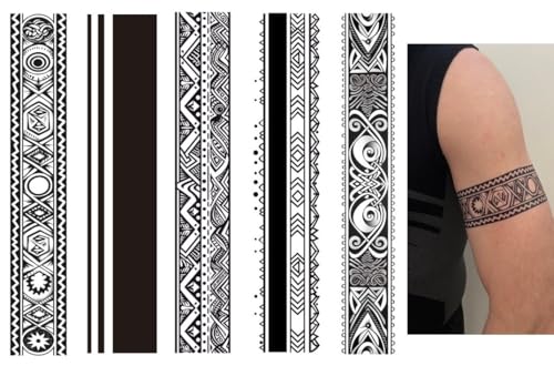 BeyondTattoos Lot de 5 feuilles de tatouages temporaires pour bracelet tribal, noir, imperméable, extra long - 28 cm - Pour tous les âges