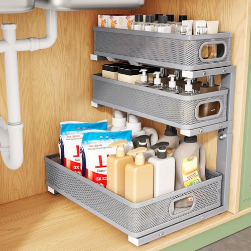 Image of Kitstorack Under Sink Organizer, 1-Pack 3-Tier Height Adjustable Thickened Metal Pull out Cabinet Organizer Shelf, Slide out Storage Drawer Rack for Bathroom Kitchen Pantry Home Organization, Grey