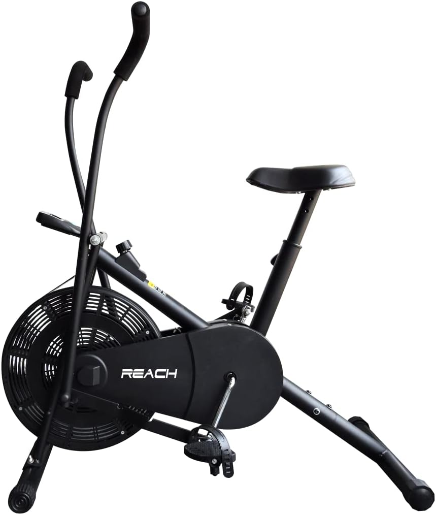 Reach AB 110 Upright Air Bike with Moving/Stationary Handle | Adjustable Resistance with Cushioned Seat | Max User Weight 110 Kg | Exercise Fitness Cycle | Cardio Equipment Machine | Home Gym Workout