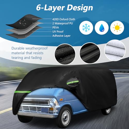 Image of Car Covers for 1961-1974 Falcon Club Wagon E-100,Econoline E-100 Van | Waterproof 420D Oxford Cloth Sun Heat Protection Outdoor Full Covers with Driver Side Zipper Windproof Heavy Duty All Weather