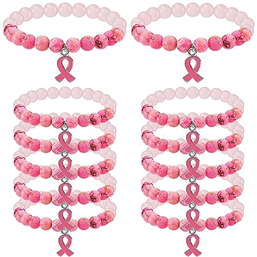 Karenhi 12 Pcs Breast Cancer Awareness Beaded Bracelets Pink Ribbon Charm Bracelets Breast Cancer Survivor Gifts for Women