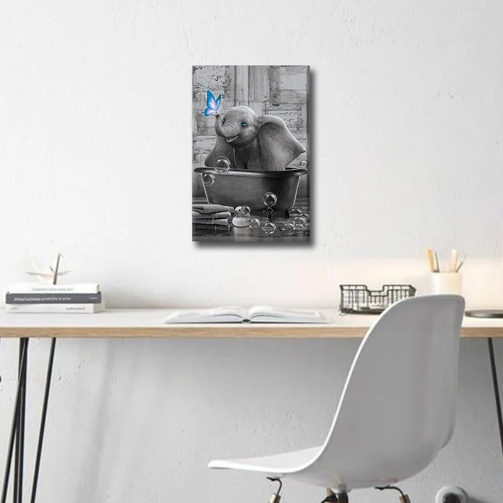 Funny Elephant Canvas Framed Black & White Elephant Poster Wall Art, Blue Butterfly Bathtub Decor, Horse Home Wall Decor - Image 3