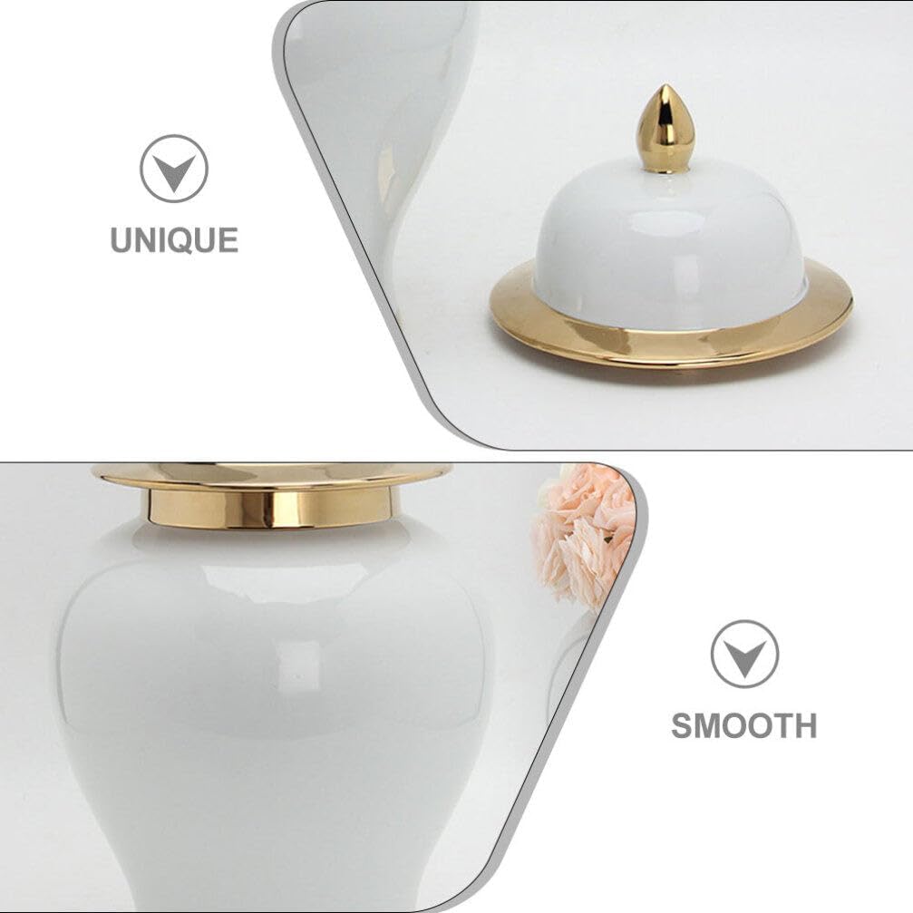 Ceramic Ginger Jar with Gold Trim - Home Decor Tea Storage Canister Decorative Centerpiece Accent Jar Chinese Porcelain Vase for Home Office Table White