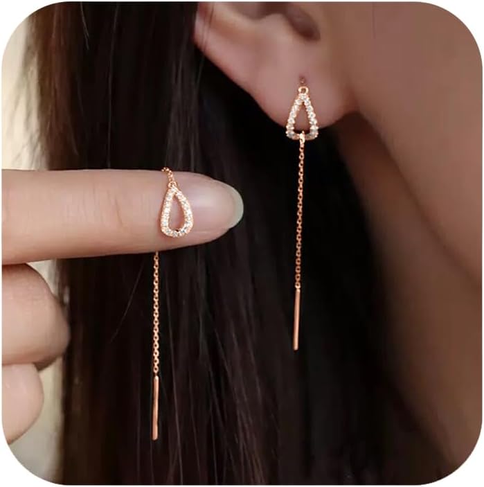 S925 Sterling Silver Threader Earrings for Women Dainty Long Chain Ear Line with Cubic Zirconia Elegant Dangle Tassel Earrings Heart Earring Valentine's Day Weeding Jewelry Gifts for Her