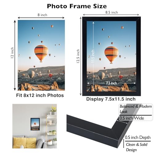Image of JCJMY 8x12 Picture Frame Black for Wall Hanging or Tabletop, Wall Mounting Horizontally or Vertically, 8 x 12 Wall Gallery Poster Photo Frame with Shatter Resistant Plexiglass, Black