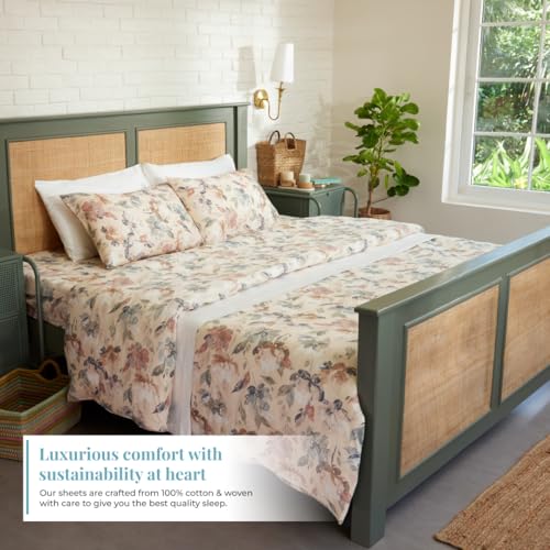 Image of Blue Dahlia 100% Cotton, King Size /Double, Elastic Fitted Bedsheet (72 inchx78 inch) + 2 Pillow Covers, Silky Smooth Feel, Fits Upto 10 inch Mattress, 300TC Printed Premium Bedsheet, Rustic Flowers Beige