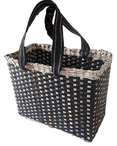 Image of Paperus, Large, Lunch Bag, Picnic Basket, Carry Bag, Handbag, Tiffin Basket for Office, Rectangular, Eco-Friendly, Handmade, of Paper Ropes, in Inch 11 H, 14 L, 7 Wide Base Black