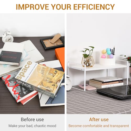 Image of YGYQZ Wood Office Desk Shelf Organizer - Desktop Supplies Cute Dresser Top Organization Storage Rack and Cubicle Decor Aesthetic Bookshelf for Women Man and Kids(White-Single Tier)