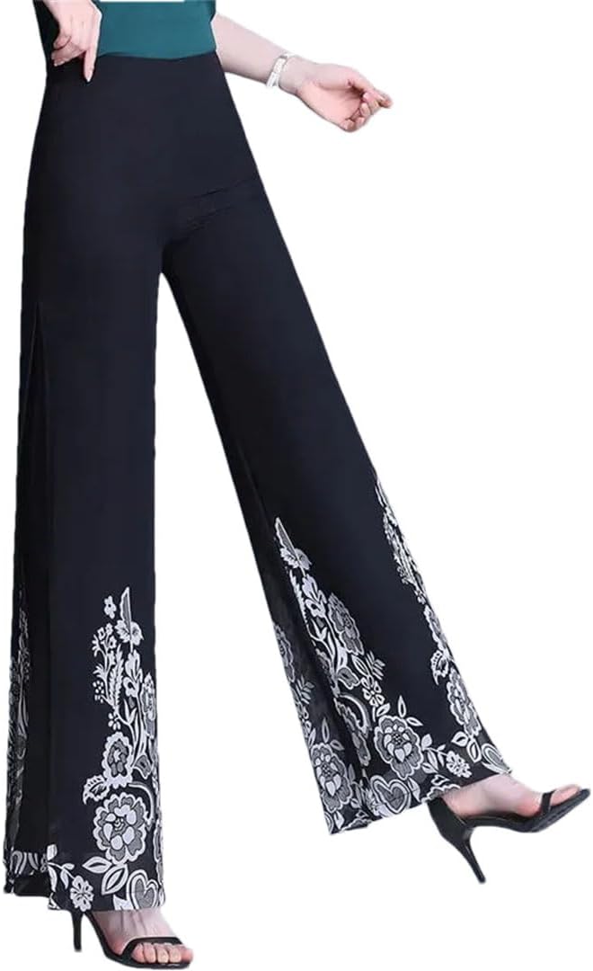 Women Foot Mouth Split Chiffon Pants Dance Thin Printing Wide Leg Pants High Waist Culottes
