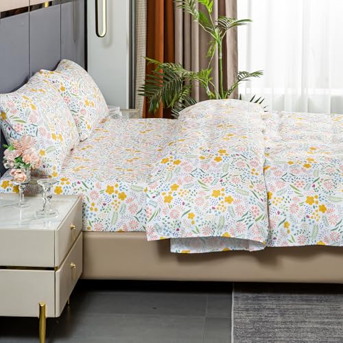 Bedlifes California King Sheet Set Ultra Soft, Breathable, Silky Flower Deep Pocket 100% Microfiber Bedding, 4 Piece Cal King Size Floral