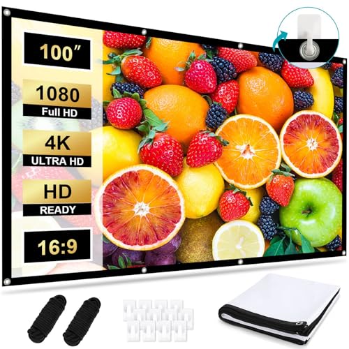 Hengrongshen Pantalla Proyector 100 Pulgadas 16:9 4K HD, Pantalla de Proyección Portátil Plegable Antiarrugas Doble Cara 221 x 125 cm, Lona Proyector Fácil de Colgar, para Cine en Casa y Exterior