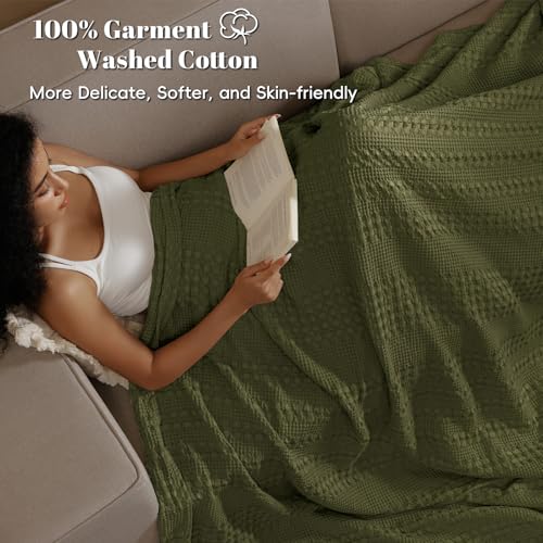 Image of PHF 100% Cotton Waffle Blanket Twin Size for College Dorm, Lightweight Breathable and Soft for Summer, Luxury Aesthetic Waffle Weave Blanket for Bed & Gifts for Women, 66 inchx90 inch, Capulet Olive
