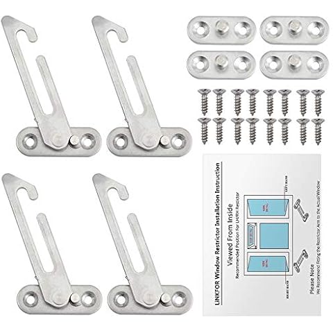 4 PCS Window Restrictors Locks, Kamtop Window Restrictors Left Handed for UPVC, Childproof Window Lock UPVC Window Restrictor Hooks Security Window Catch Lock Child Safety Restrictor with Screws Cover