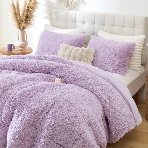 Smoofy Fluffy Queen Comforter Set, Faux Fur Comforter Set Queen Size, Luxury Fuzzy Bedding Set, Soft Shaggy Bed Set for All Season, 3 Pieces - 1 Comforter & 2 Pillowcases, Lavender Purple