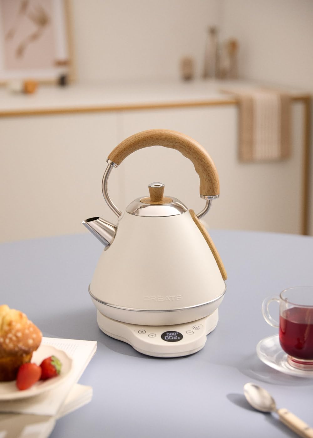 CREATE/KETTLE RETRO PRO/Bouilloire électrique 1 L avec contrôle de température blanc cassé/Système d’arrêt automatique, ébullition rapide, base antidérapante, panneau transparent, 1200W
