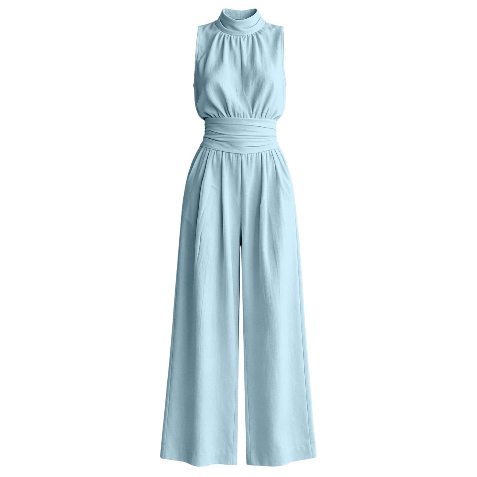 Generisch Ärmelloser Damen Jumpsuit mit Stehkragen weitem Bein sommerlich fließend lange Hose einfarbig für Urlaub Freizeit Büro
