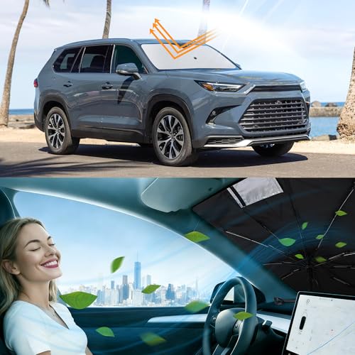 Image of Windshield Sun Shade Umbrella foe 2020-2026 Toyota Highlander | Full covered for windshield, Block UV Rays, Heat Reduction, Easy to install, Durable & Fold Up Small