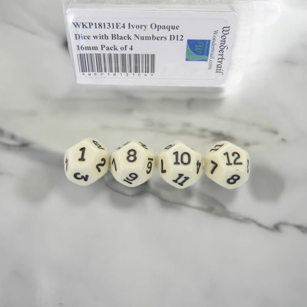 Ivory Opaque Dice with Black Numbers D12 16mm (5/8in) Pack of 4 Wondertrail