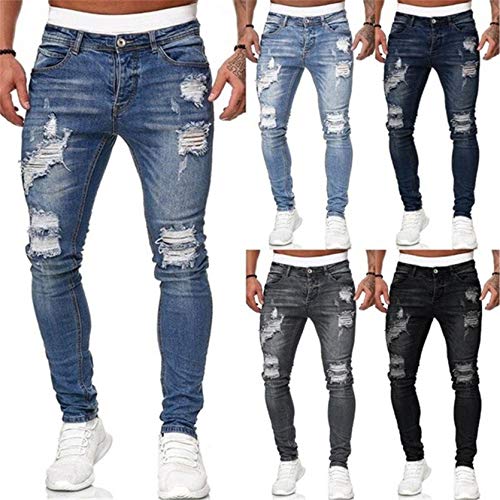 Schlichte modische Biker-Jeans für Herren, gerissene Skinny Jeans, Distressed Destroyed Holes, Hip-Hop-Denim-Hose, Grau, M – Bild 3
