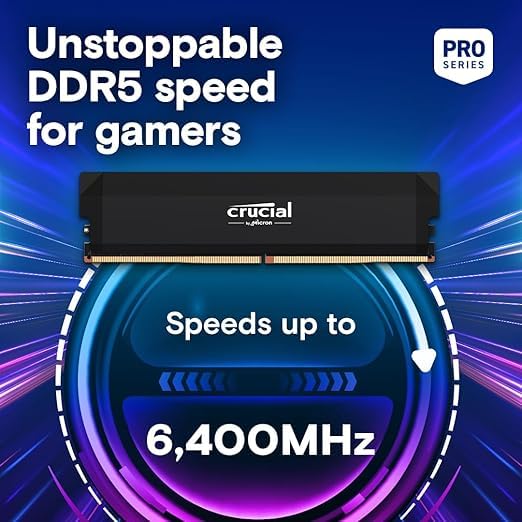 Image of Crucial Pro DDR5 RAM 32GB Kit (2x16GB) 6400MHz CL38, Overclocking Desktop Gaming Memory, Intel XMP 3.0 & AMD Expo Compatible - Black CP2K16G64C38U5B