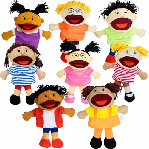 8 Hand Puppets for Kids Multicultural Puppets with Movable Mouth (8 Pack) Bulk Soft Plush Puppets School Home Puppet Theater Shows Toys Teachers Classroom Supplies