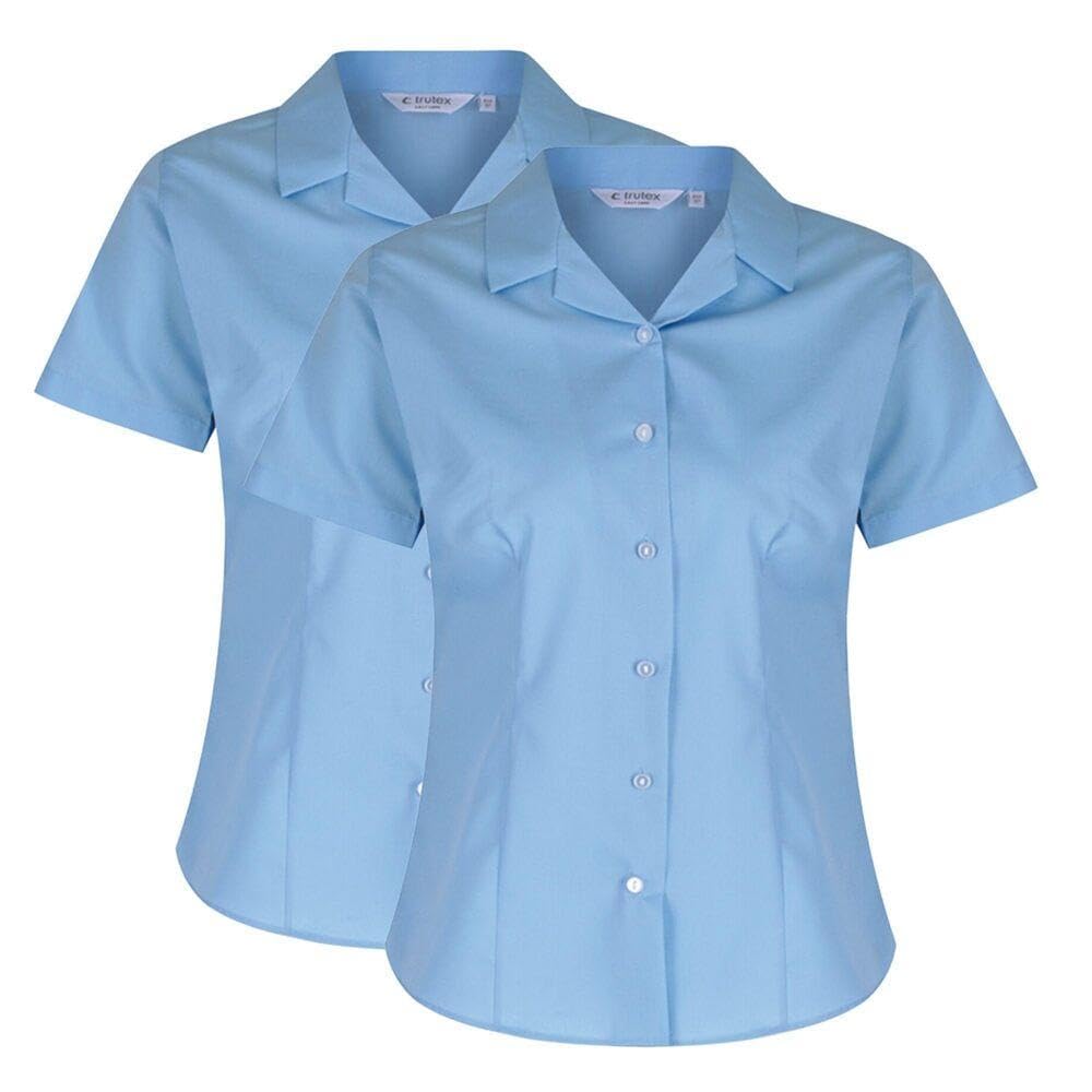 Trutex Girls Blue School Shirts, Multipack – Short Sleeve Slim Fit Revere Collar Cotton-Rich Non Iron School Blouses – Ages 14 (2 Pack)