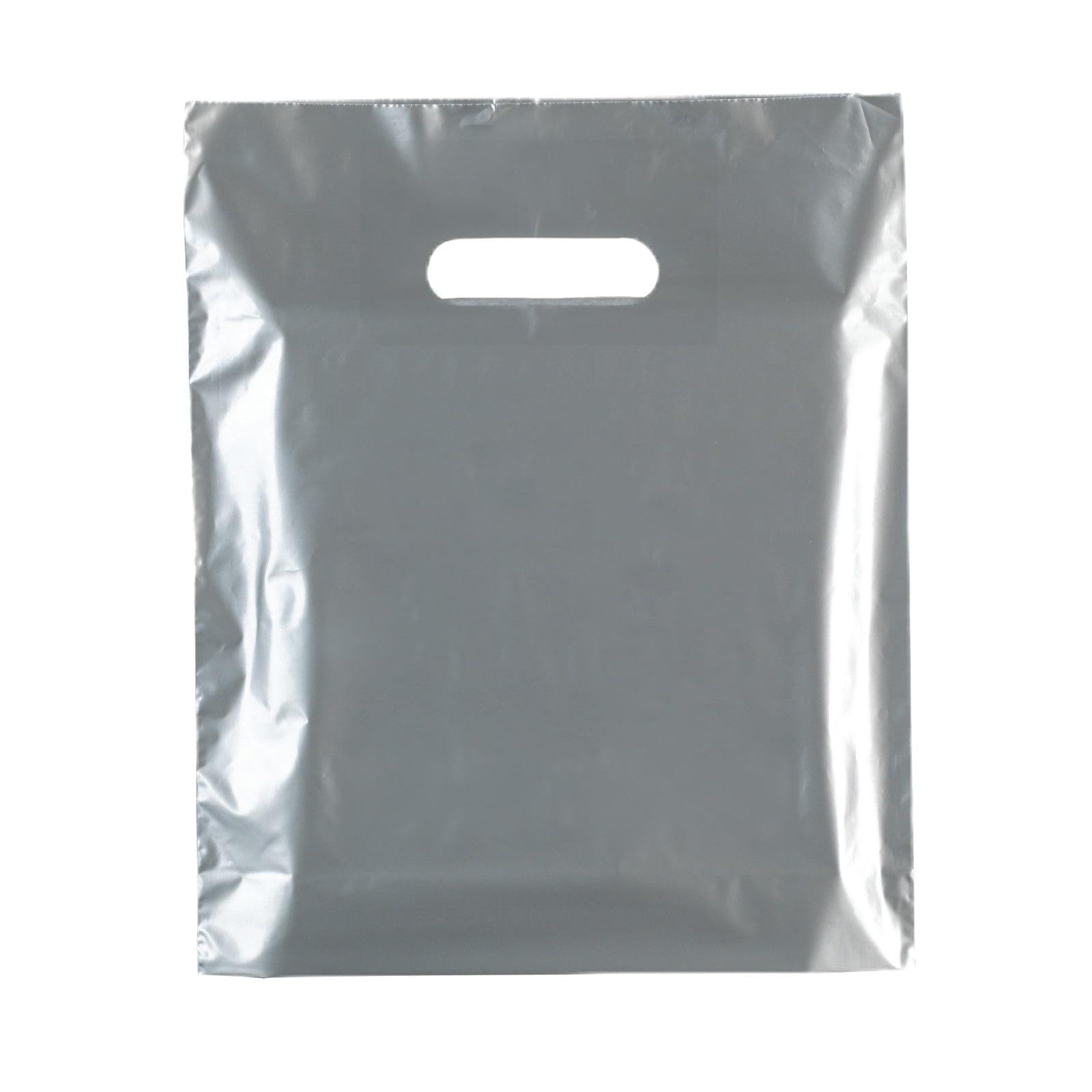Premium Silver Plastic Carrier Bags, Medium/Large Size with Patch Handle, Shopping Tote Bags (50pcs 15x18+3")