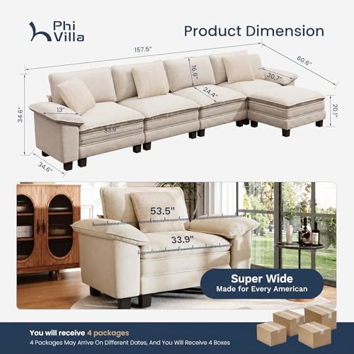 Image of PHI VILLA Cloud Modular Couch Sets, 157.5 inch Oversized Sectional Sofa with L-Shaped Chaise, 5-Seater Upholstered Couches with Movable Ottoman for Living Room, Chenille Beige