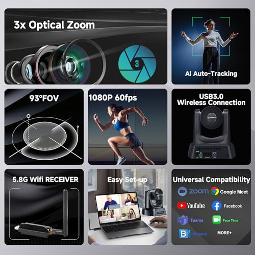 Image of TONGVEO Wireless AI PTZ Camera with Auto-Tracking: Built-in 5.8GHz Receiver for Cable-Free Setup, 1080P 60fps 3X Zoom Conference Camera for Church Services, Online Classes & Hybrid Meetings