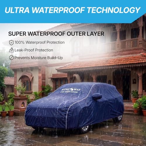 Image of KINGSWAY Super Waterproof Car Cover Only with Hyundai Elite I20 (Year 2014 to 2017 - All Model) | Mirror and Antenna Pockets | All Weather Car Body Cover with Silver Piping | Blue
