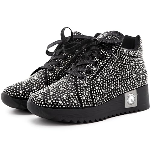 Image of FINDVELL Women's Fashion Glitter Sneakers Platform Wedge Shoes Sparkly Rhinestone High Top Sneakers Trendy Sequin Shoes Wedding Bride Dress