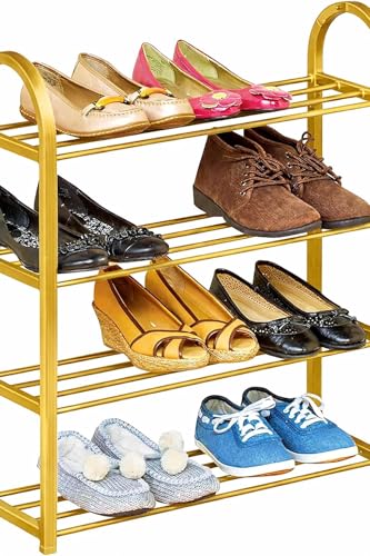 Image of Premium 4-Tier Metal Shoe Rack Organizer | Elegant Space-Saving Shoe Stand for Home & Entryway | Heavy-Duty Steel | Stores 8-12 Pairs (Gold, 4)