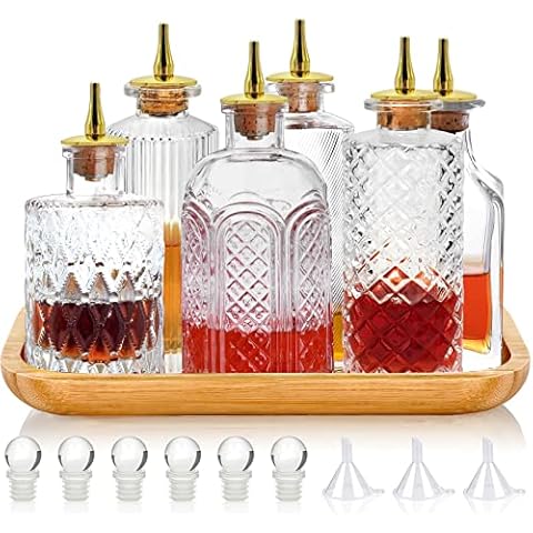 LINALL Bitters Bottle Set of 6 - Glass Vintage Bottles with Tray Decorative Bottles with Dash Top and Bottle Stopper Dasher Bottles for Making Cocktail Great For Bartender Home Bar Cover
