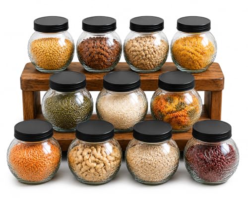 Image of Designer Transparent Glass Storage Jar with Black Plastic Airtight Lid, 900 ML Food Grade Kitchen & Pantry Storage Container, Size 8 X 14 X 14 cm, Ideal for Pulses, Dry Fruits, Pack Of 11