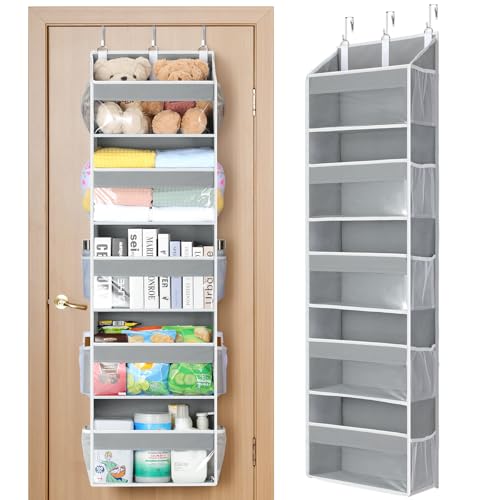 Yecaye Over the Door Organizer 5 Tiers Heavy Duty Hanging Storage with 5 Large Clear PVC Pockets and 10 Side Pockets 56lbs Capacity for Closet Door Bathroom Bedroom Nursery Dorm Laundry Room Grey