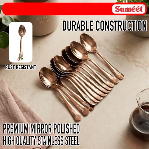 Image of Sumeet Stainless Steel Rose Gold Dessert /Table Premium Spoon Set of 12 Pc - (18cm L) (1.6mm Thick)