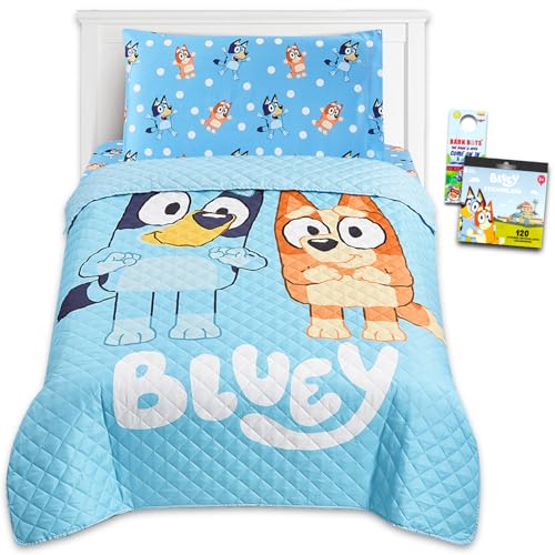 Bluey Bedding Set - Bundle with Bedspread, Flat Sheet, Fitted Sheet, Pillowcase for Twin Bed Plus Stickers, More | Bluey Bedroom Decor for Boys, Girls