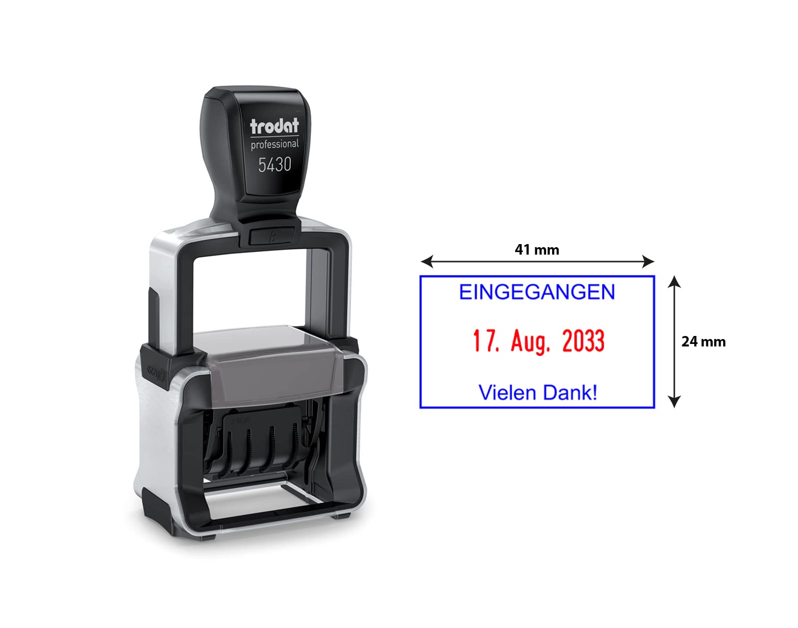 Trodat Professional Datumsstempel 5430 – Stempel Personalisiert mit Datum und Wunschtext, Selbstfärbend, 2 Zeilen, 41x24 mm, Abdruck Blau und Rot