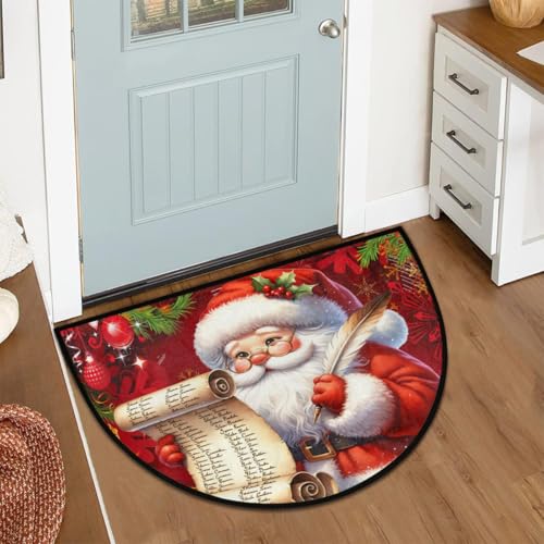 Image of cfpolar Christmas Santa Claus Holly Half Round Door Mat Outdoor Entrance Large 24 inchx36 inch Half Circle Welcome Entrance Way Mat Semi Circular Front Door Mat Area Rug for Garage, Patio, High Traffic Areas