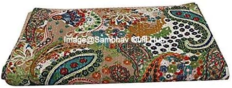 Queen/Twin/King Quilting Indian Handmade Paisley Print Kantha Quilt Cotton Kantha Blanket Bed Cover Sofa Cover Kantha Bedspread Bohemian Bedding (60X90 inch)