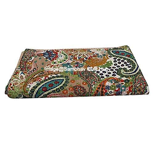 Colcha reversible con estampado de paisaje, tamaño King, tamaño doble, diseño de Gudri Kantha, tamaño doble, estampado floral y paisano, funda de sofá de punto kantha (beige, King 90108 pulgadas)