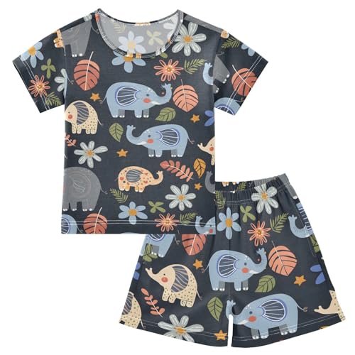 ALAZA Retro Stylish Elephant Floral Pajamas Short Sleeve 2 Piece Sleepwear Top and Bottom Pajama Set Unisex