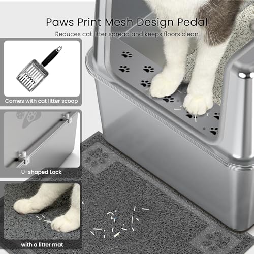 Enclosed Stainless Steel Cat Litter Box with Lid, XL Metal Litter Box for Big Cats, Extra Large Cat Toilet with High Side, Non-Stick, Anti-Leakage, Odorless, with Cats Litter Mat & Litter Scoop