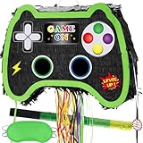 WERNNSAI Piñata de Jeu Vidéo   Piñata Manette de Jeu Pliable Verte et Noire avec Bandeau Bâton Décoration de Fête Game On Gaming pour Enfants Garçons Fournitures Carnaval d'anniversaire Jeu À Cordon