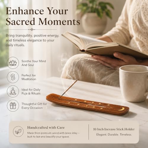 Image of Pure Source India Wooden 10 inch Incense Stick Holder with Brass Moon & Star Inlay Design - Handmade Agarbatti Stand for Home, Puja, and Meditation
