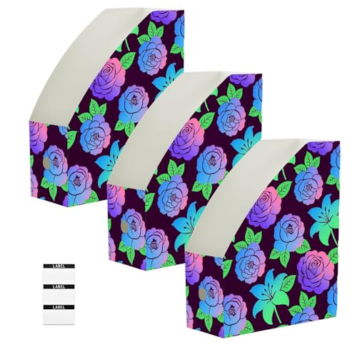 Range-magazine pliable violet - Organiseur de bureau à motif fleurs en lot de 6