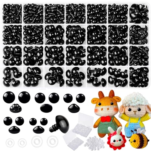 MUOTRRTE 1000 Stück 6-14mm Sicherheitsaugen für Häkeltiere Kunststoff knopfaugen Sicherheitsaugen und Nase zum Häkeln mit Unterlegscheibe Puppenaugen für Amigurumi Plüschtiere DIY-Zubehör
