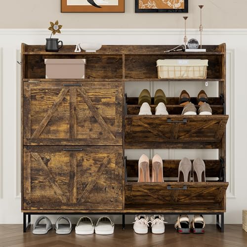 Image of BORNOON Shoe Cabinet with 4 Flip Drawers Narrow Shoe Storage Cabinet Organizer Wooden Freestanding Shoe Rack Hidden Slim Shoes Storage Cabinet for Entryway, Hallway, Living Room, Bedroom