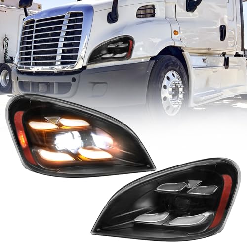 Sunhua LED Headlights Assembly Compatible with 2008-2016 Freightliner Cascadia LED Headlamps Assembly Black Housing Clear Lens (Pair)